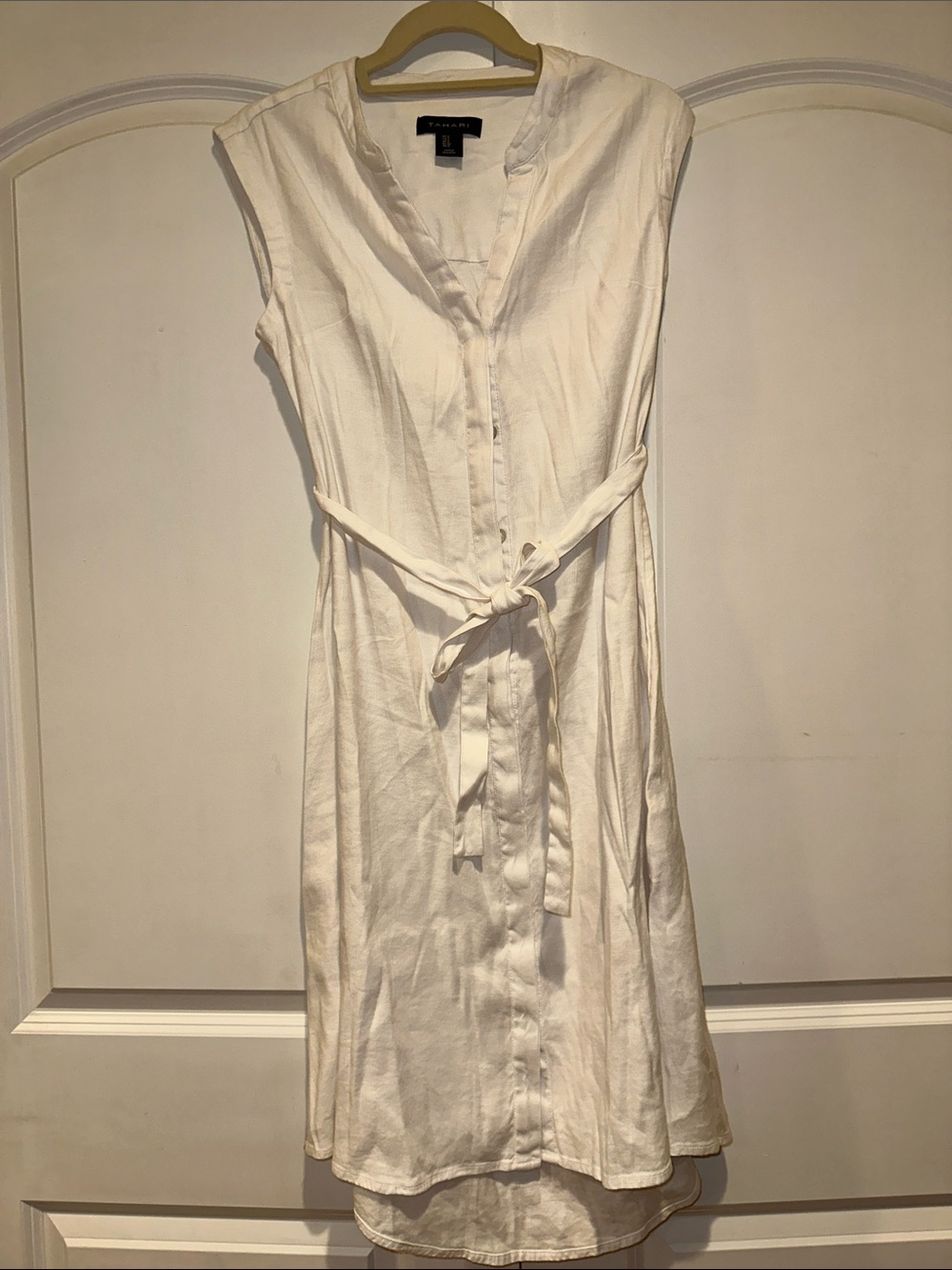 Tahari White Sleeveless Button-Front Midi Dress with Tie Waist